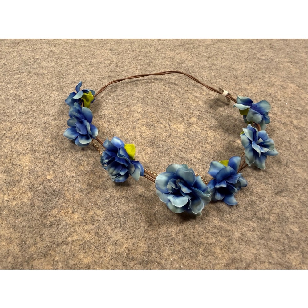 Claires Blue Flower Crown Faux Pearl Gold Tone Chain Boho Festival Headband NEW